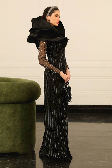 Buy Supria Munjal Black Crepe Sequins Round Neck Embellished Ruffle Gown Online at Aza Fashions Buy_Supria Munjal_Black Crepe Sequins Round Neck Embellished Ruffle Gown _Online_at_Aza_Fashions