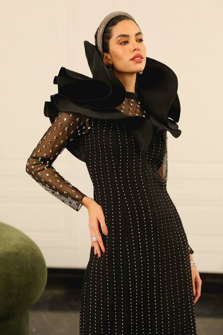 Shop Supria Munjal Black Crepe Sequins Round Neck Embellished Ruffle Gown Online at Aza Fashions Shop_Supria Munjal_Black Crepe Sequins Round Neck Embellished Ruffle Gown _Online_at_Aza_Fashions