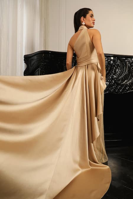 Buy_Supria Munjal_Gold Crepe Halter Neck Cross Wrap Pleated Gown _Online_at_Aza_Fashions