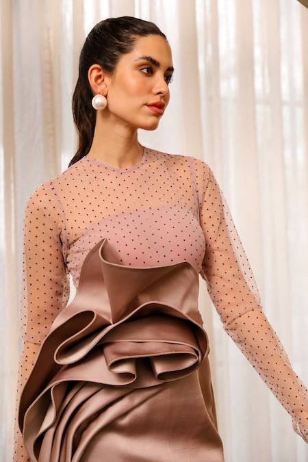 Supria Munjal Pink Crepe Round Neck Wavy Draped Trail Gown at Aza Fashions Supria Munjal_Pink Crepe Round Neck Wavy Draped Trail Gown _at_Aza_Fashions