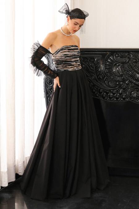 Supria Munjal_Black Taffeta Bandeau Neck Pleated Tube Gown _Online_at_Aza_Fashions