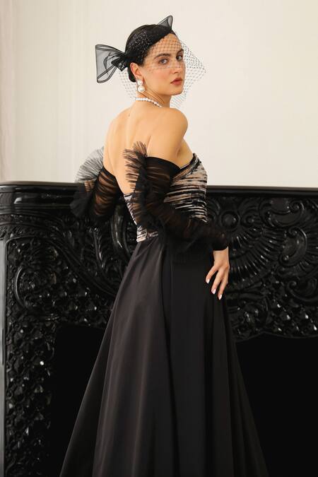 Buy_Supria Munjal_Black Taffeta Bandeau Neck Pleated Tube Gown _Online_at_Aza_Fashions