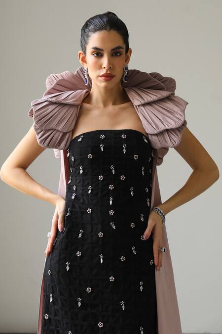 Supria Munjal_Black Tulle Embroidery, Beads, Pearls Square Floral Embellished Gown And Cape Set _Online_at_Aza_Fashions