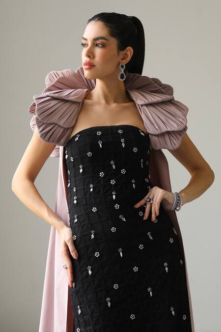 Buy_Supria Munjal_Black Tulle Embroidery, Beads, Pearls Square Floral Embellished Gown And Cape Set _Online_at_Aza_Fashions