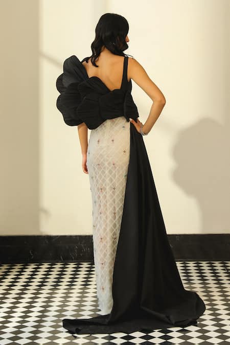 Shop_Supria Munjal_Black Taffeta, Tulle Beads, Fabric Flowers Round Structured Floral Petal Gown _at_Aza_Fashions