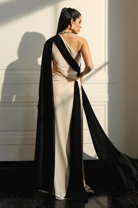 Shop_Supria Munjal_Black Crepe Pearls Asymmetric And White Collar Draped Gown _at_Aza_Fashions