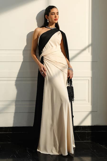 Supria Munjal_Black Crepe Pearls Asymmetric And White Collar Draped Gown _Online_at_Aza_Fashions
