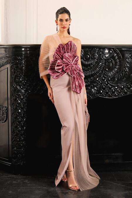 Supria Munjal_Peach Taffeta, Tulle Fabric Flowers Asymmetric 3d Floral Applique Gown _Online_at_Aza_Fashions