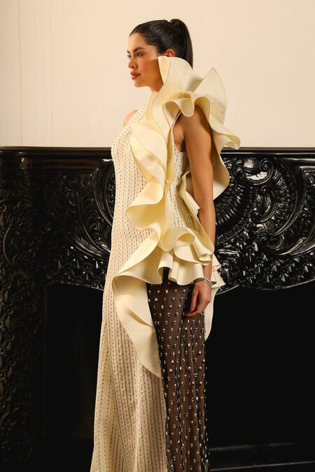 Supria Munjal_Off White Crepe Sequins Halter Neck Embellished Gown _Online_at_Aza_Fashions