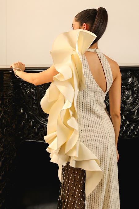 Buy_Supria Munjal_Off White Crepe Sequins Halter Neck Embellished Gown _Online_at_Aza_Fashions