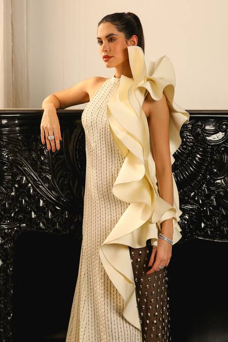 Supria Munjal_Off White Crepe Sequins Halter Neck Embellished Gown _at_Aza_Fashions