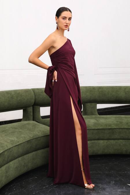 Buy_Supria Munjal_Wine Crepe Pearls Asymmetric Draped Gown With Embellishments 