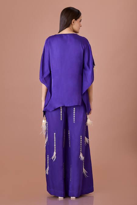 Shop Dilnaz Purple Blended Satin Embroidery Feather Tassels Plunge Twisted Yoke Kaftan at Aza Fashions Shop_Dilnaz_Purple Blended Satin Embroidery Feather Tassels Plunge Twisted Yoke Kaftan_at_Aza_Fashions