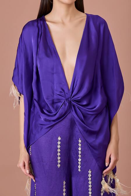 Dilnaz Purple Blended Satin Embroidery Feather Tassels Plunge Twisted Yoke Kaftan Online at Aza Fashions Dilnaz_Purple Blended Satin Embroidery Feather Tassels Plunge Twisted Yoke Kaftan_Online_at_Aza_Fashions