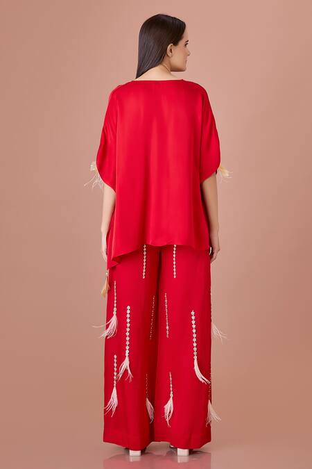 Shop Dilnaz Red Blended Satin Embroidery Feather Tassels Plunge V-neck Twisted Yoke Kaftan at Aza Fashions Shop_Dilnaz_Red Blended Satin Embroidery Feather Tassels Plunge V-neck Twisted Yoke Kaftan_at_Aza_Fashions