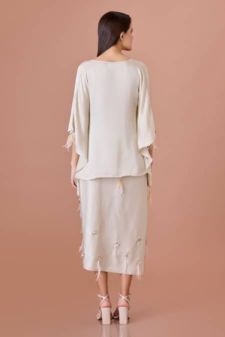 Shop_Dilnaz_Ivory Blended Satin Embroidery Twisted Yoke Asymmetric Kaftan And Draped Skirt _at_Aza_Fashions