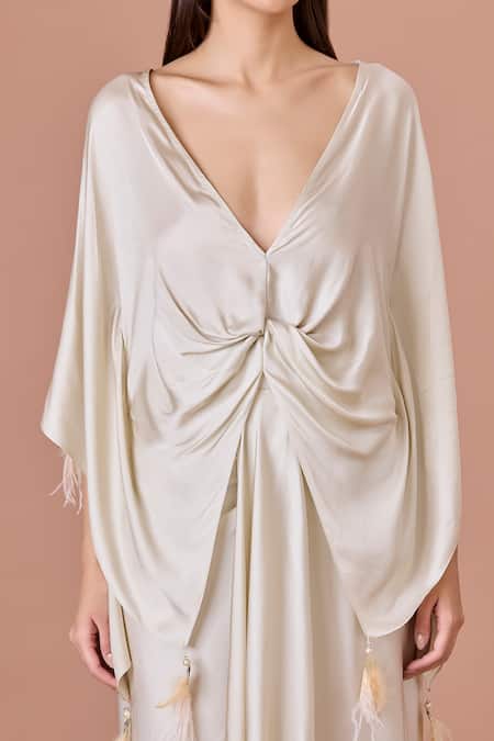 Dilnaz_Ivory Blended Satin Embroidery Twisted Yoke Asymmetric Kaftan And Draped Skirt _Online_at_Aza_Fashions