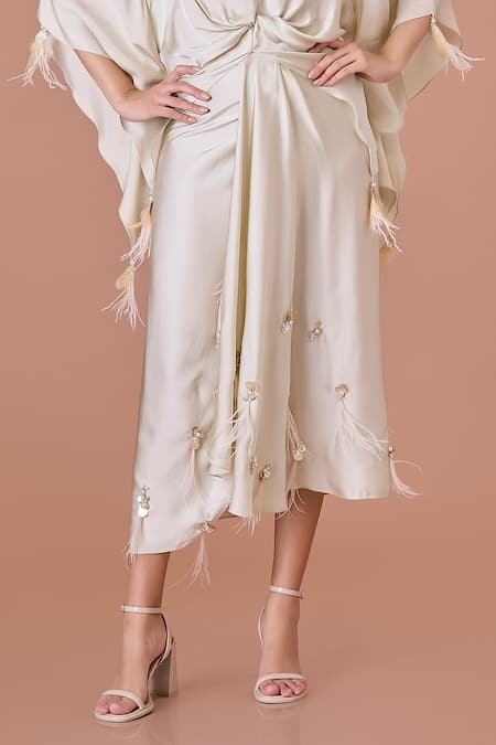 Buy_Dilnaz_Ivory Blended Satin Embroidery Twisted Yoke Asymmetric Kaftan And Draped Skirt _Online_at_Aza_Fashions