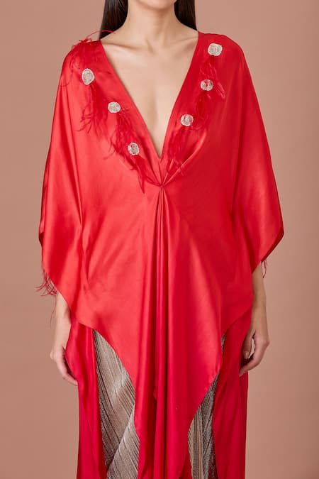 Dilnaz_Orange Blended Satin Embroidery Pearls Plunge V-neck Ombre Kaftan_Online_at_Aza_Fashions