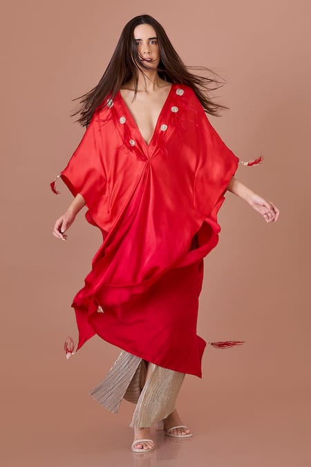 Buy_Dilnaz_Orange Blended Satin Embroidery Pearls Plunge V-neck Ombre Kaftan_Online_at_Aza_Fashions