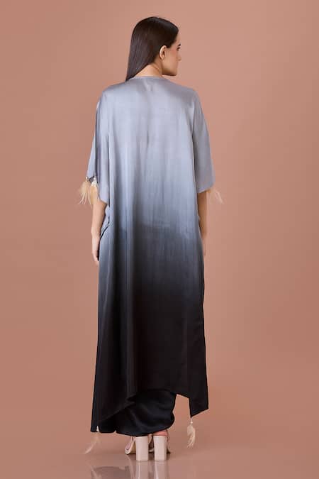 Shop Dilnaz Gray Blended Satin Embroidery Feather Tassels Plunge Grey Ombre Pearl Kaftan at Aza Fashions Shop_Dilnaz_Gray Blended Satin Embroidery Feather Tassels Plunge Grey Ombre Pearl Kaftan_at_Aza_Fashions