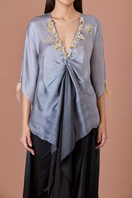 Dilnaz Gray Blended Satin Embroidery Feather Tassels Plunge Grey Ombre Pearl Kaftan Online at Aza Fashions Dilnaz_Gray Blended Satin Embroidery Feather Tassels Plunge Grey Ombre Pearl Kaftan_Online_at_Aza_Fashions
