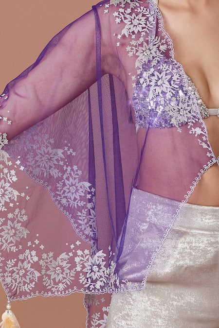 Dilnaz_Purple Net Embroidery Floral Plunge V-neck Thread Kaftan_Online_at_Aza_Fashions