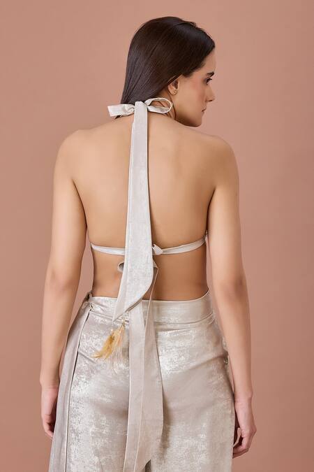 Shop Dilnaz Silver Net, Faux Leather Sequins, Crystals Halter Neck Bustier at Aza Fashions Shop_Dilnaz_Silver Net, Faux Leather Sequins, Crystals Halter Neck Bustier_at_Aza_Fashions