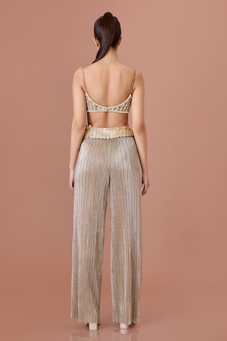 Shop_Dilnaz_Gold Poly Satin Embroidery Pearl Plunge V-neck Crystal Sequin Bustier _at_Aza_Fashions