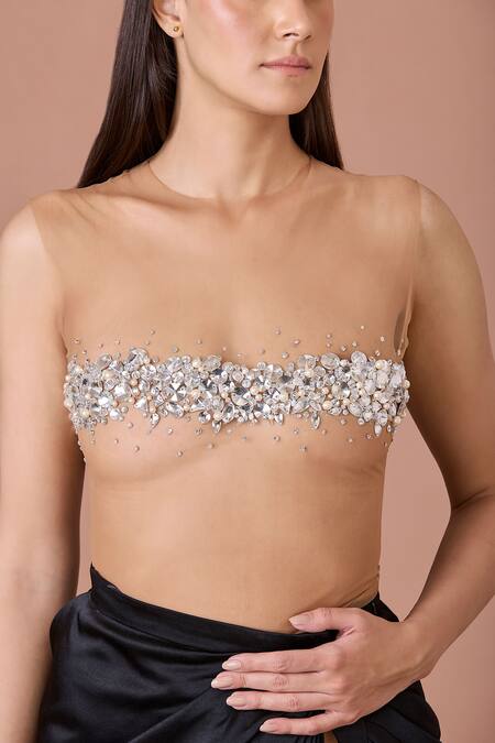 Buy_Dilnaz_Brown Net Embroidery Crystals Round Sheer Bodysuit_Online_at_Aza_Fashions