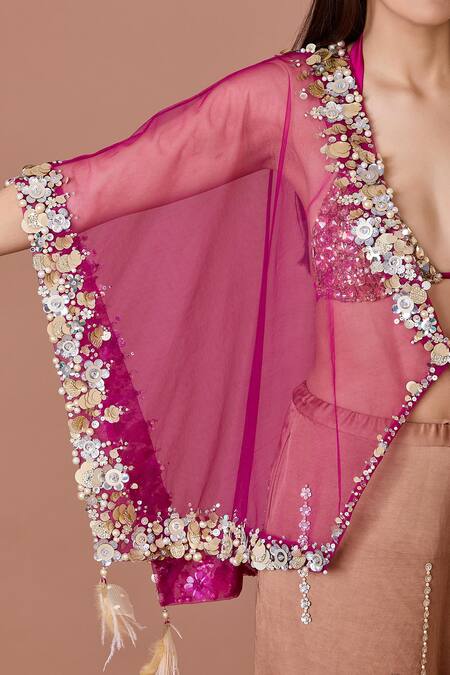 Dilnaz_Pink Net Embroidery Floral Plunge V-neck Kaftan_Online_at_Aza_Fashions