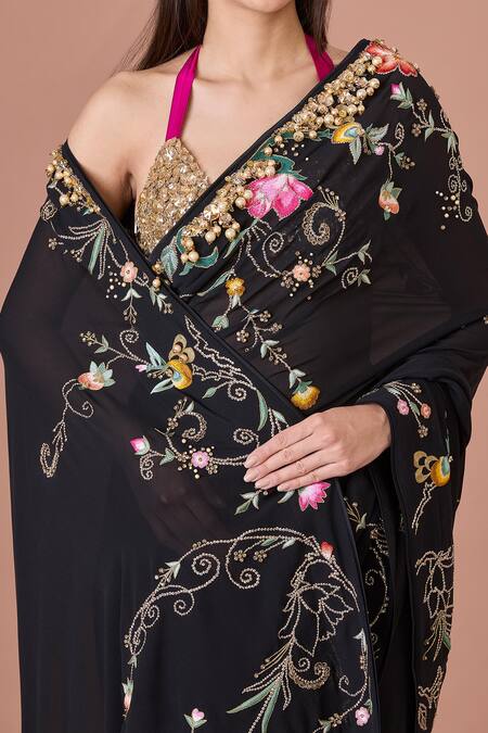 Dilnaz_Black Georgette, Polyester Pearls, Sequins, Stones, Floral Thread And Saree_Online_at_Aza_Fashions
