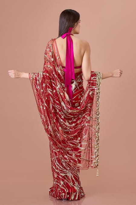 Dilnaz_Red Net, Polyester Cut Work, Pearls, Sequins, Embellished Saree With Petticoat _Online_at_Aza_Fashions