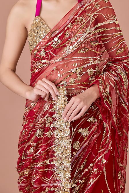 Buy_Dilnaz_Red Net, Polyester Cut Work, Pearls, Sequins, Embellished Saree With Petticoat _Online_at_Aza_Fashions