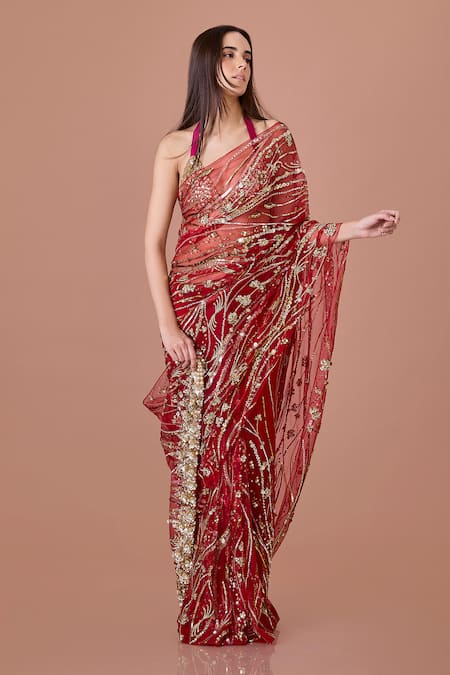 Shop_Dilnaz_Red Net, Polyester Cut Work, Pearls, Sequins, Embellished Saree With Petticoat _Online_at_Aza_Fashions