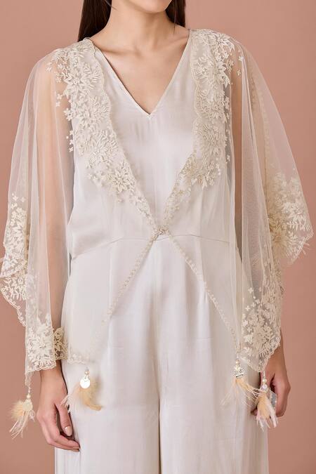 Dilnaz_Beige Net Embroidery Thread V Neck Bloom Kaftan Cape And Jumpsuit_Online_at_Aza_Fashions