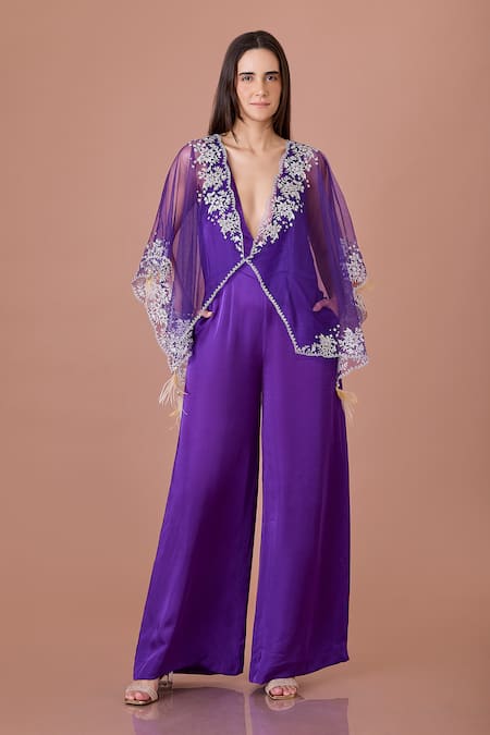 DILNAZ Blossom Thread Embroidered Kaftan Cape With Jumpsuit 