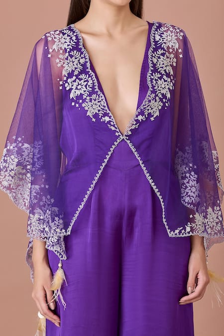 Dilnaz_Purple Net Embroidery Kasab Thread Plunging V Neck Blossom Kaftan Cape Set_Online_at_Aza_Fashions