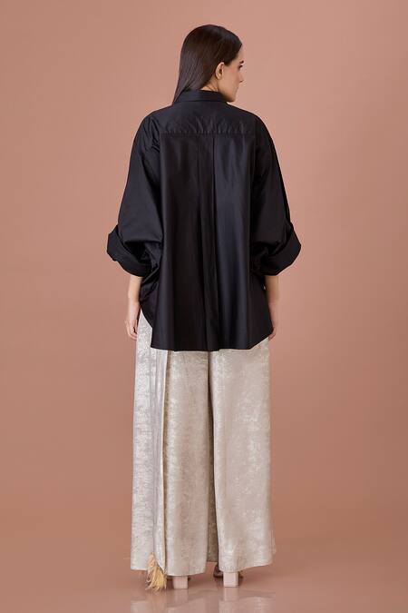 Shop Dilnaz Black Blended Cotton Embroidery Sequin Collar Neck And Feather Shirt at Aza Fashions Shop_Dilnaz_Black Blended Cotton Embroidery Sequin Collar Neck And Feather Shirt_at_Aza_Fashions