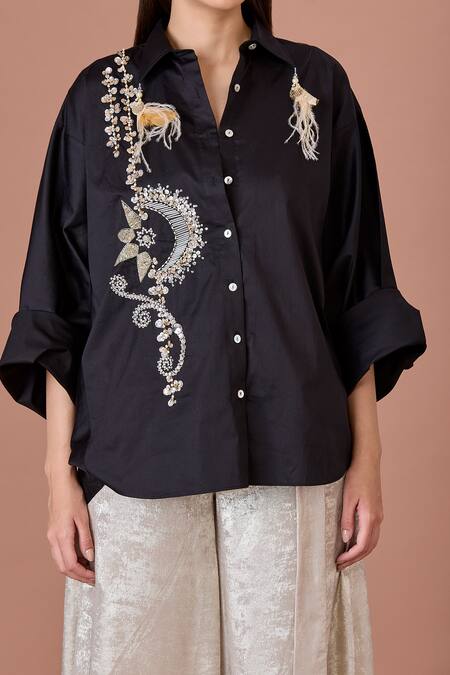 Dilnaz Black Blended Cotton Embroidery Sequin Collar Neck And Feather Shirt Online at Aza Fashions Dilnaz_Black Blended Cotton Embroidery Sequin Collar Neck And Feather Shirt_Online_at_Aza_Fashions