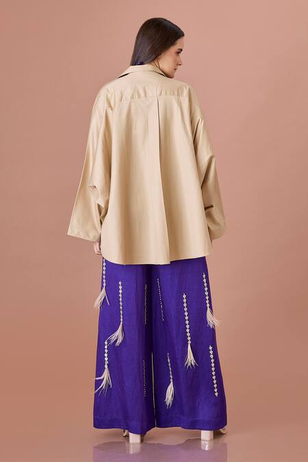 Shop Dilnaz Brown Blended Cotton Embroidery Sequin Collar Neck And Feather Embellished Shirt at Aza Fashions Shop_Dilnaz_Brown Blended Cotton Embroidery Sequin Collar Neck And Feather Embellished Shirt_at_Aza_Fashions