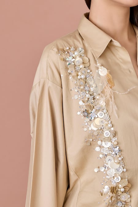 Dilnaz Brown Blended Cotton Embroidery Sequin Collar Neck And Feather Embellished Shirt Online at Aza Fashions Dilnaz_Brown Blended Cotton Embroidery Sequin Collar Neck And Feather Embellished Shirt_Online_at_Aza_Fashions