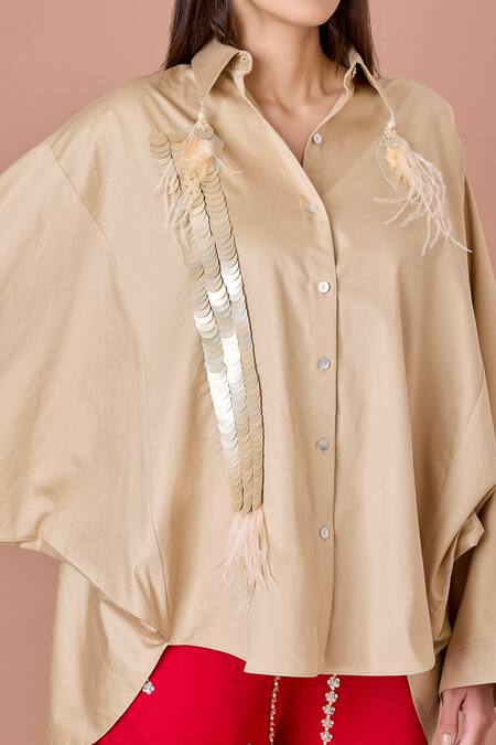 Dilnaz_Brown Blended Cotton Embroidery Sequin Collar Oversized Shirt With And Feather_Online_at_Aza_Fashions