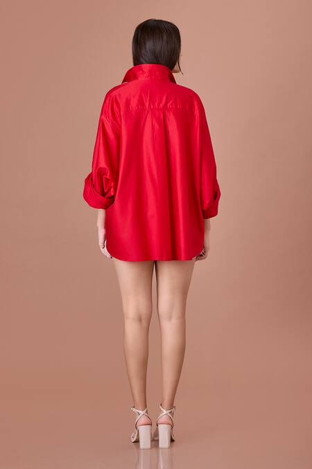 Shop Dilnaz Red Blended Cotton Embroidery Sequin Collar Neck And Feather Embellished Shirt at Aza Fashions Shop_Dilnaz_Red Blended Cotton Embroidery Sequin Collar Neck And Feather Embellished Shirt_at_Aza_Fashions