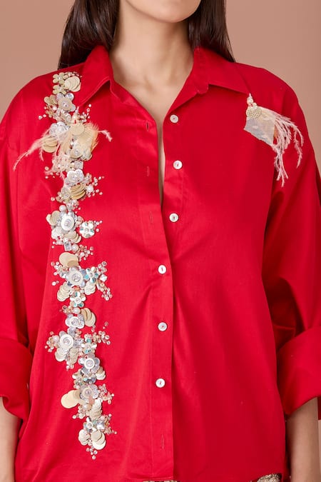 Dilnaz Red Blended Cotton Embroidery Sequin Collar Neck And Feather Embellished Shirt Online at Aza Fashions Dilnaz_Red Blended Cotton Embroidery Sequin Collar Neck And Feather Embellished Shirt_Online_at_Aza_Fashions