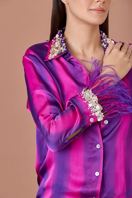 Dilnaz_Purple Blended Satin Embroidery Tie Dye Collar Neck Embellished Shirt_Online_at_Aza_Fashions