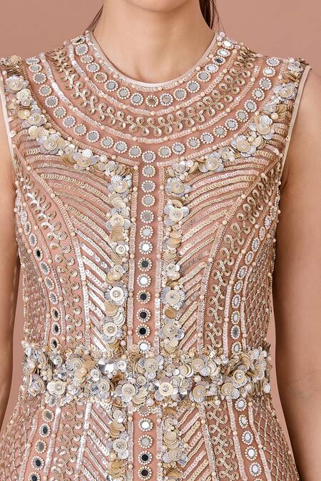 Dilnaz_Brown Net, Lycra Pearls, Sequins Collared And Embellished Dress_Online_at_Aza_Fashions