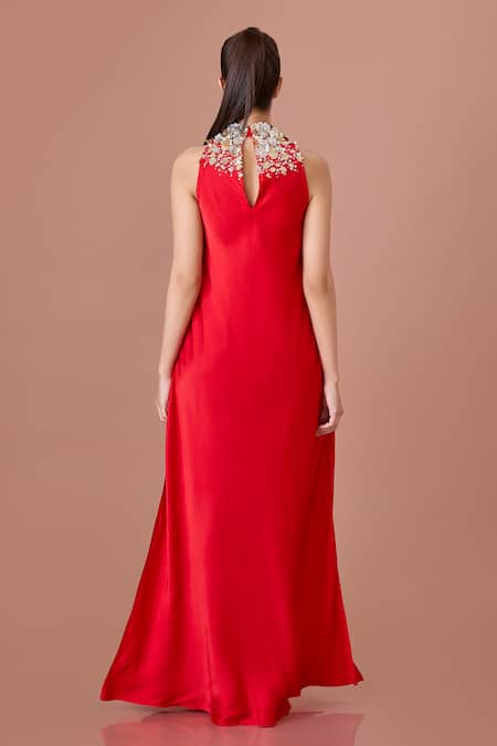 Shop Dilnaz Red Satin Sequins, Feathers Halter Neck And Gown at Aza Fashions Shop_Dilnaz_Red Satin Sequins, Feathers Halter Neck And Gown_at_Aza_Fashions