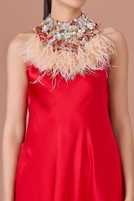 Dilnaz Red Satin Sequins, Feathers Halter Neck And Gown Online at Aza Fashions Dilnaz_Red Satin Sequins, Feathers Halter Neck And Gown_Online_at_Aza_Fashions