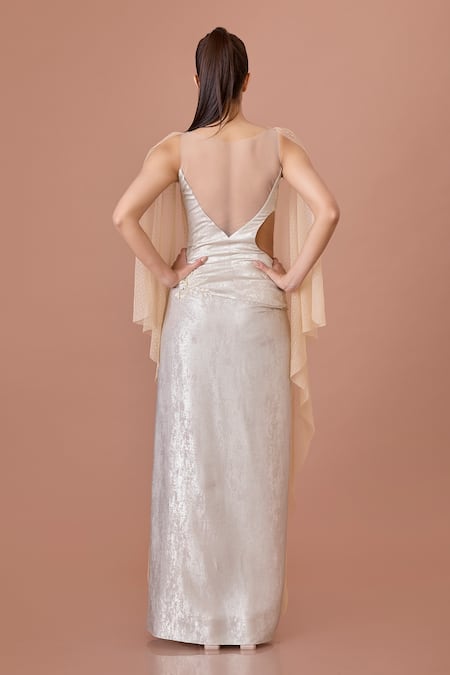 Shop Dilnaz Beige Net Sequins, Stones, Feathers Boat Neck Embellished Winged Sleeves Gown at Aza Fashions Shop_Dilnaz_Beige Net Sequins, Stones, Feathers Boat Neck Embellished Winged Sleeves Gown_at_Aza_Fashions